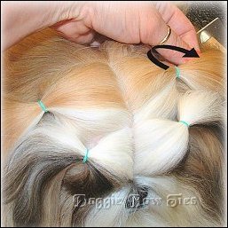 Image: Gently pull each back section downwards as shown to smooth out the top of the head and "relax" the way the topknot falls.