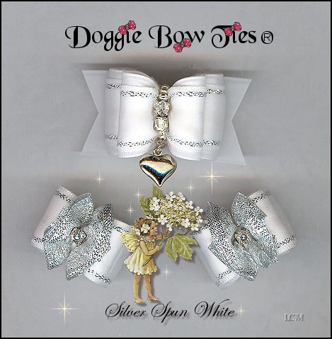 Fana Cee Spun Silver White Heart dog bows