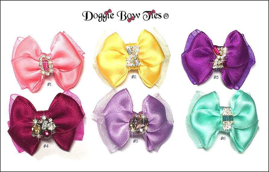 Dog Bows-Boutique Barrette Dog bows, 1 inch, Satin and Crystal Centers
