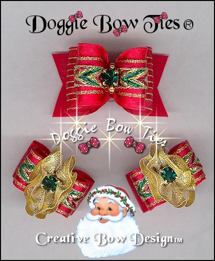 Christmas Red Chevron Gold Spun FanaCee Dog Bows