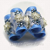 Full Size Dog Bow-Icey Blue, Crystal Snowflakes