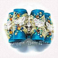 Full Size Dog Bow-Fabulous Fakes, Teal Satin w/Swarvorski Amber/Zircon Accents