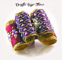 Dog Bow-Fabulous Fakes Show Dog Bows-Fuchsia and Royal Purple w/Gold Lattice