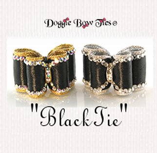 Dog Bows-Full Size, Fabulous Fakes, Black Tie, Gold and Silver with Crystal