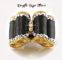 Dog Bow-Full Size, Fabulous Fakes, Black Tie, Gold with Crystal AB