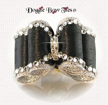 Dog Bow-Full Size, Fabulous Fakes, Black Tie, Silver with Crystal