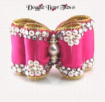 Dog Bow-Full Size, Fabulous Fakes, Crystal and Pearl, Shocking Pink