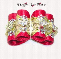 Dog Bow-Full Size, Red Satin with Gold Lame, Crystal Butterfly