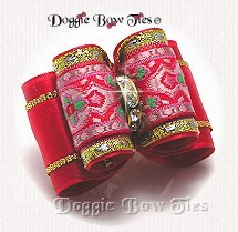 Dog Bow-Full Size,crystal center and gold trim,Red Medallion Brocade