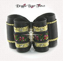 Dog Bow-Black Satin/Black Embroidered Band