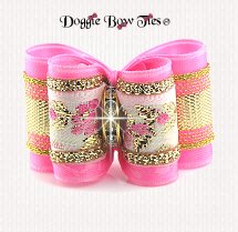 Dog Bow-Full Size, Jacquard Floral, Pink and Gold Lame