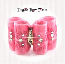 Dog Bow-Full Siuze, Rose Organza, Crystal, Tea Rose