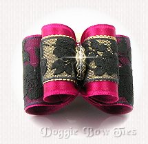 Dog Bow-Full Size,crystal center satin and gold trim,Chantilly Lace Raspberry Pink