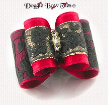 Dog Bow-Full Size,crystal center satin and gold trim,Chantilly Lace Red