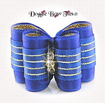 Dog Bow-Full Size, Royal Blue Satin with Gold Tinsel Stripes