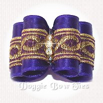 Dog Bow-Full Size,crystal center, Golden Chain Royal Purple Satin brocade