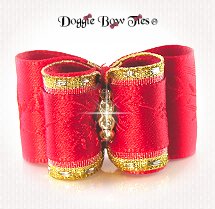 Dog Bow-Full Size, Rose Satin, Red banded with Gold