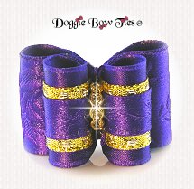 Dog Bow-Full Size, Rose Satin, Regal Purple, Gold Band