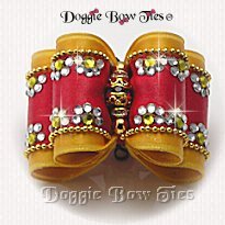 Dog Bow-Full Size, Gold & Red Crystal Daisy Border, gold beading