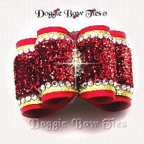 Dog Bow-Full Size, Red,Red Glitter Velvet w/ Crystal Edges