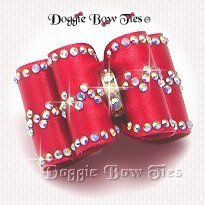 Dog Bow-Full Size, Red,Red AB Crystal edging and center band.