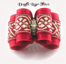 Dog Bow-Full Size, Red Brocade with Gold