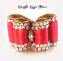 Dog Bow-Full Size, Poppy Red, Crystal Edging, Gold
