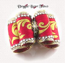 Dog Bow-Full Size, Red with Gold Scroll, Crystal Edge