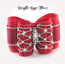 Dog Bow-Full Size Red Bows, Red Satin Silver Renaissance Lattice~79