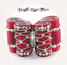 Dog Bow-Full Size, Red Bows, Red Satin Silver Renaissance Lattice II~80