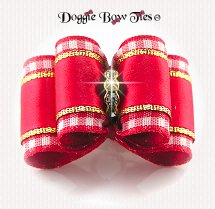 Dog Bow-Red Gingham and Red Satin with Gold Trim