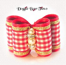 Dog Bow-Full Size, Red Microcheck, String of Pearls