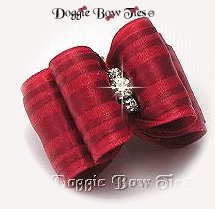 Dog Bow-Full Size, Red Organdy Stripe, Crystal Center