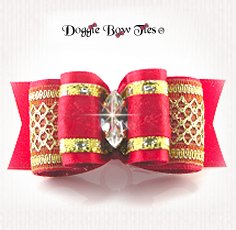 Dog Bow-Red Show, Rose Satin with Gold Mesh, Crystal Marquis Center