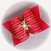 Dog Bow-Full Size SL, Red,Single Loop Gold Tinsel Stripes