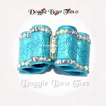Dog Bow-In Between Size,AB Crystal Turquoise Embossed Flower