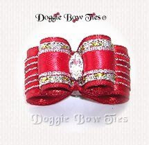 Dog Bow-Inbetween Size, Classic Red with Organza Silver, Crystal Marquis