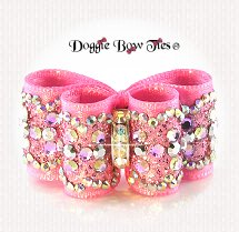 Dog Bow, In Between Size, Crystal, Pink