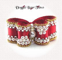 Dog Bow-InBetween Size, Diamond and Pearls,Red