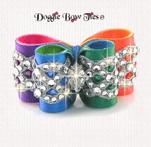 Dog Bow-Inbetween Size, Rainbow Satin with Crystal Weave
