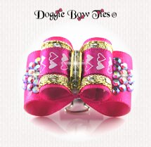 Dog Bow-Inbetween Size, Fuchisa Double Hearts