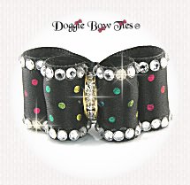 Dog Bow-Inbetween Size, Metallic Rainbow Dots, Crystal Edge,Black