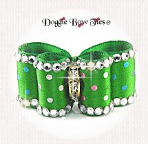 Dog Bow-Inbetween Size, Metallic Rainbow Dots, Crystal Edge,Emerald