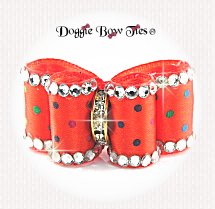 Dog Bow-Inbetween Size, Metallic Rainbow Dots, Crystal Edge,Orange
