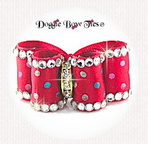 Dog Bow-Inbetween Size, Metallic Rainbow Dots, Crystal Edge, Red