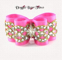 Dog Bow, In Between Size , Pink and Gold Crystal