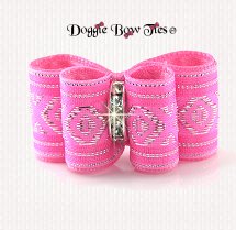 Dog Bow-Inbetween Size, Pink with Silver Scrolls
