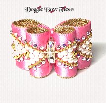 Dog Bow- Full Size Petite II, Pearl-Hot Pink-AB Crystal