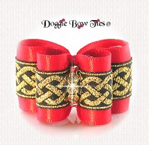 Dog Bow-Petite Full Size, Celtic Bling, Poppy Red with Gold