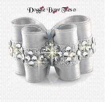 Dog Bow-Petite Full Size, Crystal Diamond Band~Silver Satin